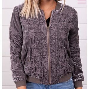Johnny Was Gray Embroidered Bomber Jacket